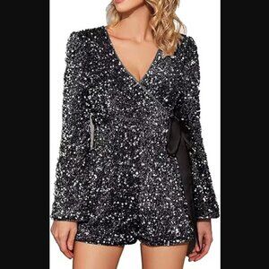 EXTRO&VERT Brand NWT Sequin Romper Sparkly 1 Piece Jumpsuit Long Sleeve Size XL